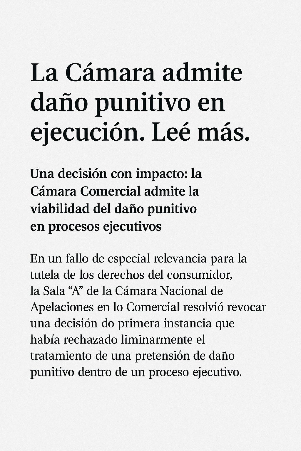 Una decisión con impacto: la Cámara Comercial admite la viabilidad del daño punitivo en procesos ejecutivos.